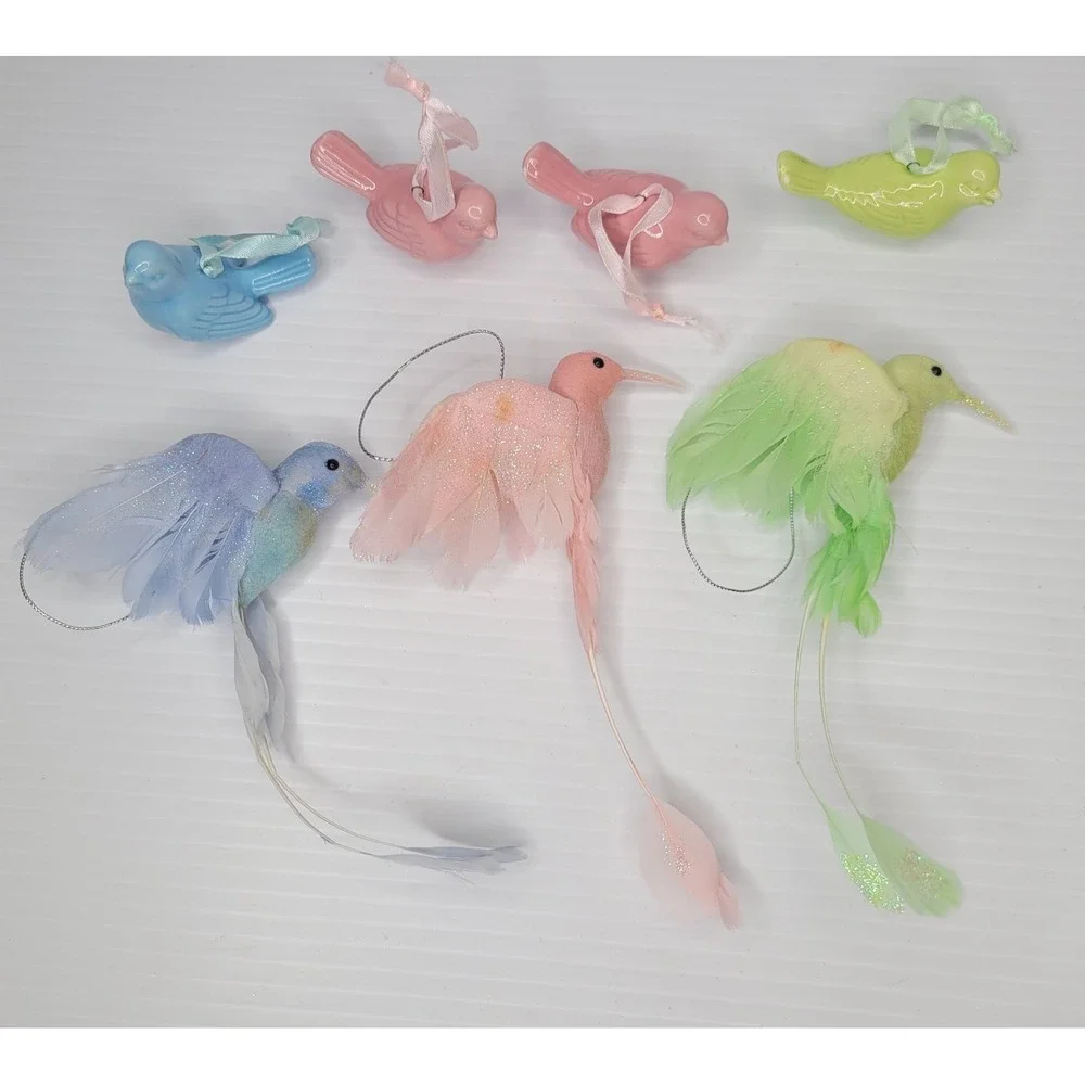 Set of 7 Pier 1 Spring‎ Time Ornaments - Ceramic Birds & Birds w/ Feathers